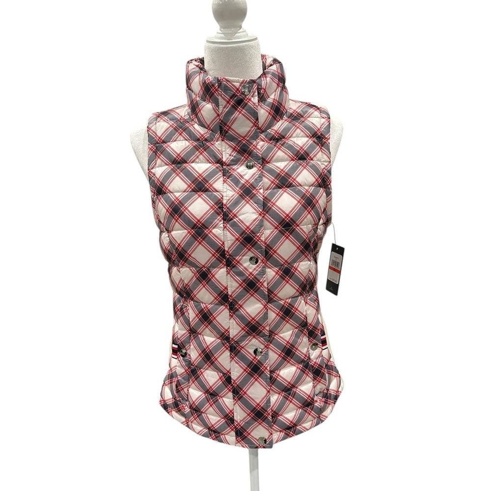 Tommy Hilfiger Red & White Plaid Quilted Puffer Vest